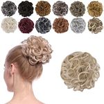 Elaine Messy Bun Hair Piece for Women, Thick Curly Hair Bun Scrunchies Synthetic Wavy Bun Hair Extensions Chignon Ponytail Updo Hairpieces Natural Ash Blonde & Bleach Blonde Highlights-14H613