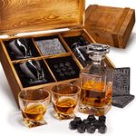 Atterstone Crate Whiskey Box Set with Premium Decanter and 2 Swirl Glasses, Includes 9 Chilling Stones and 2 Dark Stone Coasters, Encased in Polished Wood Box Great for Holiday and Wedding Gifts