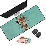 Large Gaming Mouse Pad 31.5x11.8 Inch with Non-Slip Base Keyboard Pad Desk Pad + Coaster and Invisible Hook 3-Piece Supplies Set, Giraffe with Floral Headgear Design for Gamers/Office/Study