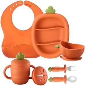 COZY ROCK Silicone Baby Feeding Set, Carrot Design BLW Toddler Feeding Set with Suction Plate & Bowl, Bib, Fork & Spoon, 2-in-1 Straw and Snack Cup, BPA-Free Baby Tableware for Starting Solids