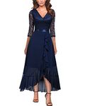 Miusol Women's V-Neck Floral Lace Classy Ruffle Design Wedding Party Maxi Dress (X-Large, Navy Blue)