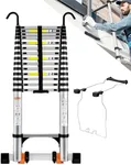 Wolec Telescoping Ladder&Ladder Stabilizer, 19 FT Aluminum Portable Extension Ladder w/Hooks, Stabilizers& Wheels, Heavy Duty 330lbs Max Capacity -Silver