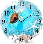 WISKALON Coastal Nautical Glass Wall Clock with Seashell Design and Turtle Beach Theme - Battery Operated Silent Wall Decor for Home, Kitchen, Living Room, Office, Bedroom, or Bathroom (12 Inch,Blue)