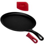 Cast Iron Round Griddle – 10.5” Crepe Pan - Pre-Seasoned Skillet with Silicone Handle Grip – Grill, Oven, Stove Top and Induction Safe