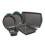 Rachael Ray Nonstick Bakeware Set with Grips Includes Nonstick Baking Pans, Baking Sheet and Nonstick Bread Pan - 5 Piece, Gray with Marine Blue Handles