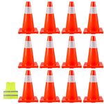 BestEquip 12 Traffic Cones 18" Safety Cones PVC Orange Traffic Safety Cone with Reflective Collar and Vest for Road Parking Soccer Training