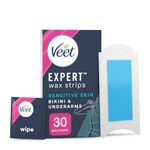 Veet Expert Bikini Wax Strips, 30 Strips + 3 Finish Wipes, Underarm Wax Strips, Brazilian Wax Strips, Sensitive Wax Strips, Almond Oil, Dermatolgically Tested, Waxing, Hair Removal