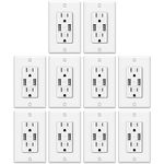 ELECTECK 10 Pack USB Wall Outlets, 4.8A Ultra Slim USB Receptacle with High Speed USB Quick Charging Ports, 15 Amp Tamper Resistant Receptacle, Self-Grounding, Wall Plate Included, UL Listed, White