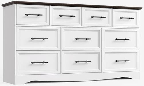 YANSNWO White 10 Drawers Dresser for Bedroom, 59" Wide Farmhouse Dresser & Chest of Drawers with Brushed Metal Handle, Wood Closet Organizers and Storage Cabinet for Bedroom, Living Room, Hallway