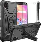 for Alcatel TCL A3 A509DL Case, with Tempered Glass Screen Protector Heavy Duty Protection Technology Built-in Kickstand Rugged Shockproof Protective Phone Case for Alcatel TCL A3 A509DL, (Black)