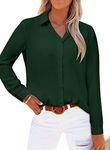 Women Blouses Long Sleeve Tops V Neck Button Down Shirt Fall Office Work Solid Blouse Ladies Casual Loose Lightweight Shirts Dark Green Large