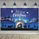 Merry Christmas Nativity Scene Banner - Large Blue Backdrop for Christmas Party Photography Booth - 72.8 x 43.3 Inch