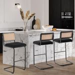 Bekrvio Counter Height Bar Stools Set of 3, 26" Rattan Counter Stool Velvet Upholstered Barstool with Cane Back & Metal Frame, Mid Century Modern Armless Bar Chair for Kitchen Counter Island (Black)