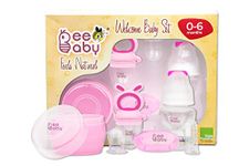 BeeBaby Premium Welcome Baby Gift Set for Newborn Infants. Perfect for Birthday Gift Set or Stater kit with Powder Puff | Nibbler Fruit Feeder | Finger Brush and Feeding Bottle. (Pink) 0 months+