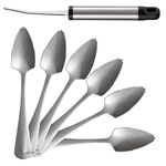 Grapefruit Spoons 6 Pcs and Grapefruit Knife 1 Pcs Set, Stainless Steel Grapefruit Utensils Tools with Titanium Platin, Serrated Edges Spoon for Fruit Apple Kiwi Citrus, Silver