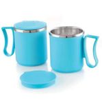 YM STAINLESS STEEL - Espresso Coffee Mug with LID (Blue), Spill Proof, Break Resistant, Durable, ODORLESS, Medium, Pack of 2, 300 ML