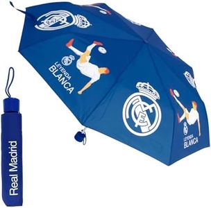 Real Madrid Paraguas Plegable Compacto, Paraguas para Niño, Estructura Alta Resistencia, Paraguas Clasico Club de Futbol Real Madrid | Azul