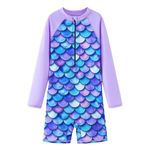 Girls Rash Guard Long Sleeve One Piece Swimsuits with UPF 50+ Sun Protection Zipper Bathing Suits Purple，Scale,5T