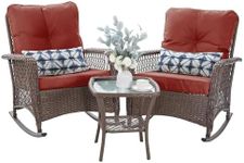 VONZOY Patio Furniture Set 3 Pieces, Rocking Bistro Set with Thick Cushions, Brown Wicker Outdoor Rocker Chairs and Coffee Table for Porch, Backyard or Garden (Red)