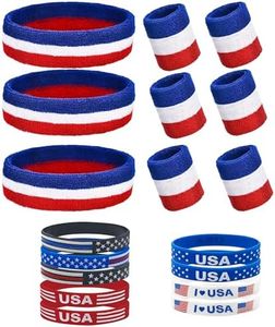 18 Pcs Sweat Band Set,Wrist Set Cotton Sweat Band for Athletic Men and Women Sports Headbands for Working Out, Running, Basketball, Tennis, Yoga (red White Blue)