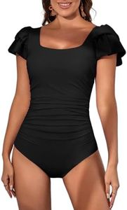 Eomenie Women's Tummy Control One Piece Swimsuit Ruffle Square Neck Bathing Suit Ruched Cutout Back Slimming Swimwear, Black, X-Large