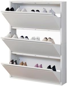 iCHENGGD Shoe Storage Cabinet with 3 Flip Drawers, Hidden Slim Narrow Shoe Rack Cabinet, Wall Mount Metal Shoe Cabinet for Entryway, White