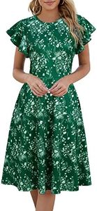 HELYO Women's Semi-Formal Ruffle Sleeves V-Back Work Fit and Flare Cocktail Wedding Guest Dress with Pockets 842 (XXL, Green Floral)