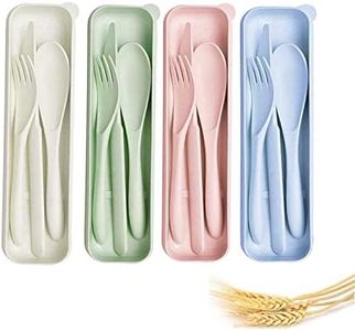 Portable Cutlery Set,Travel Cutlery Set,4 Sets and 4 Colors (Pink,Blue,Green,Beige) Wheat Straw,Daily use/Home/School/Office/Camping/Hiking/Outdoor use/Tableware Including Knife,Spoon,Fork