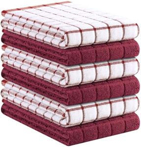 Kitinjoy Premium Kitchen Towels (16"x 28", 6 Pack), Large 100% Cotton Terry 390 GSM Kitchen Hand Towels, Ultra Absorbent Check Design Tea Towels Set with Hanging Loop, Red