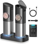 Ultrean Gravity Electric Salt and Pepper Grinder Set - USB Rechargeable With Dual Charging Base - Adjustable Fineness - One Handed Operation, Stainless Steel Construction, Auto Dust Lids, LED Light