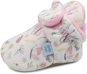 Dotty Fish Cotton Baby Booties with Suede Sole - Warm Fleece Lining – Non-Slip, Stay On Slippers. Soft Pink with Bees and Butterflies. 0-6 months