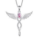 FJ Angel Wing Pendant Necklace 925 Sterling Silver Guardian Angel Necklace Infinity Pink Tourmaline October Birthstone Necklace Jewellery Gifts for Women Girls