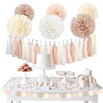 NICROHOME Boho Bridal Shower Decorations, Rustic Wedding Decorations, Neutral Creamy White Tissue Paper Pom Poms Tassel Decorations Packages for Baby Shower Birthday Party Table Decorations