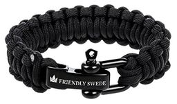 The Friendly Swede (TM) Premium Paracord Survival Bracelet With Stainless Steel D Shackle - Adjustable Size Fits 7-8 Inch Wrists - Retail Packaging (Black 1)