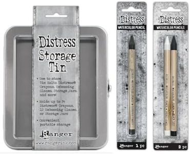 Ranger Ink BUNDLE - Tim Holtz Watercolor Pencils - Black Soot, Picket Fence and Scorched Timber and storage Tin