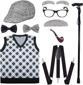 ATTBEA Old Man Costume for Kids 100 Days of School Boys with Hat, Person Glasses, Cane Grandpa Vest Gray