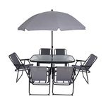 JOYTIO Folding Patio Dining Set, Garden Patio Furniture Set, 8-Piece Outdoor Dining Set with Tilted Removable Umbrella, 6 Folding Chairs, and 1 Rectangular Tempered Glass Table - Grey