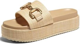 Coutgo Womens Platform Sandals Raffia Espadrilles Metal Chain Slip on Open Toe Cute Beach Slide Sandals, Beige, Size 7.5