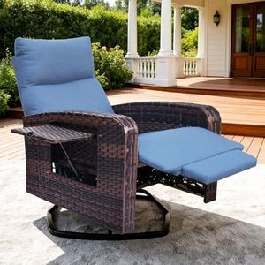 ZZW Outdoor Recliner Chair Set of 2, Wicker Patio Recliners with Adjustable Backrest and Extended Foot Rest, Reclining Patio Chairs with Flip Table & Removable Cushion Cover for Porch