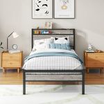 BOFENG Twin Platform Bed Frame with Storage Headboard/Charging Station,Metal Single Bed Frame,Heavy Duty Platform Bed Frames Twin Size No Box Spring Needed,Strong Steel Slats Support,Noise Free