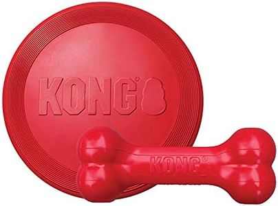 KONG Goodie Bone & Flyer - Dog Toys to Enrich Playtime - Dog Bone & Soft Throwing Disc Support Mental Engagement - Rubber Bone for Treats - Rubber Flying Disc with Dynamic Rebound - for Small Dogs