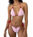 Women's Sexy Halter Two Piece Bikini Set with Bowknot Tie Sides Thong Triangle Brazilian Bikini Swimsuits Low Waisted Strappy Bathing Suit (Z1 Pink, S)