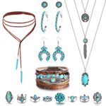 Finrezio Turquoise Jewelry Set For Women Bohemian Western Jewelry Turquoise Necklace Turquoise Faux Leather Cuff Bracelet Turquoise Hoop Dangle Earrings Turquoise Joint Knuckle Rings