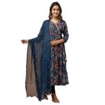 Vipy Hanger Women's Soft Viscose Rayon Embroidery Block Printed V Neck Angrakha Alia Cut Kurta Pant Dupatta Set(Blue-2XL)