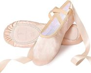 Satin Ballet Shoes for Girls, Pink Ballet Slippers Leather Split Sole Women Dance Shoes Flats with Ribbon for Yoga Gymnastics Performance, Ballet Pink, 11 Little Kid