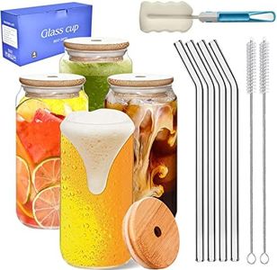 GAMINICS Glass Cups with Lids and Straws 16oz,Drinking Glasses Beer Can Shaped Drinking Glasses 4pcs Set, Iced Coffee Glasses, Cute Tumbler Cup for Smoothie, Tea, Whiskey, Gift - 2 Cleaning Brushes