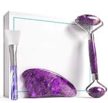 Authentic Amethyst Roller and Gua Sha Set - Jade Roller for Face - Face Roller for Wrinkles, Anti Aging - Authentic, Durable, Natural, No Squeaks - with Mask Brush