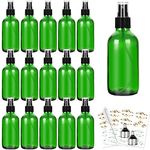 CycleMore 120ml 16 Pack 4oz Green Glass Spray Bottles with Fine Mist Sprayers, Glass Travel Bottles for Cosmetic, Essential Oils, Perfumes & More Liquids (1 Brush, 2 Funnels and 24 Labels Included)