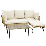 COSTWAY 3 Pieces Rattan Garden Furniture Set, L Shaped Patio Conversation Set with Cushions, Lounge & Tempered Glass Table, Outdoor Sectional Corner Sofa Set for Yard, Poolside and Lawn (Cream White)