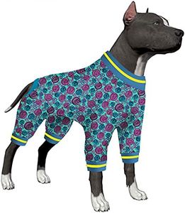 LovinPet Large Dog Pjs, Dog Onesie for Surgery, Lightweight Stretchy Fabric I Love Roses Aqua Prints Large Dog Pjs, UV Protection, Adorable Bodysuit for Large Dogs All Season Using L